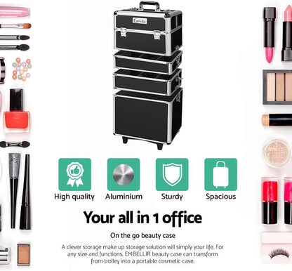 Embellir Makeup Case, Aluminium Lockable Beauty Cases Suitcase Make Up Large Organisers Storage Toiletry Cosmetic Box Travel Indoor Outdoor Accessories, 7 in 1 Separable Portable Black