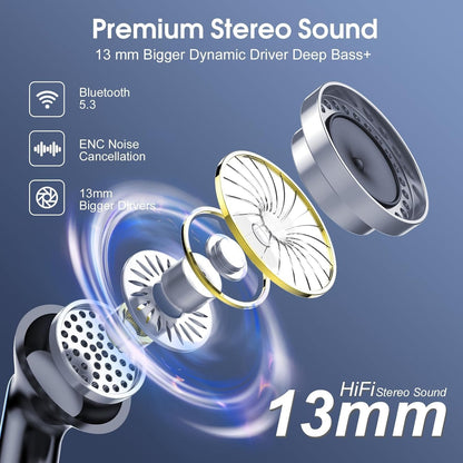 Wireless Earbuds, Bluetooth 5.3 Headphones Stereo Bass Ear Buds, Bluetooth Earbuds with 4 ENC Noise Cancelling Mic, 40Hrs in Ear Headphones with Dual LED Display, IP7 Waterproof Earphones for Sports