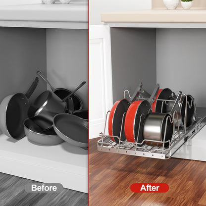 Bonadom Pull Out Pots and Pans Organizer Rack Under Cabinet Kitchen,Heavy Duty Wire Slide Out Cutting Board Shelf Bakeware and Tray Storage 11''W x 21''D x 8.5''H- Expandable Sliding Lid Holder
