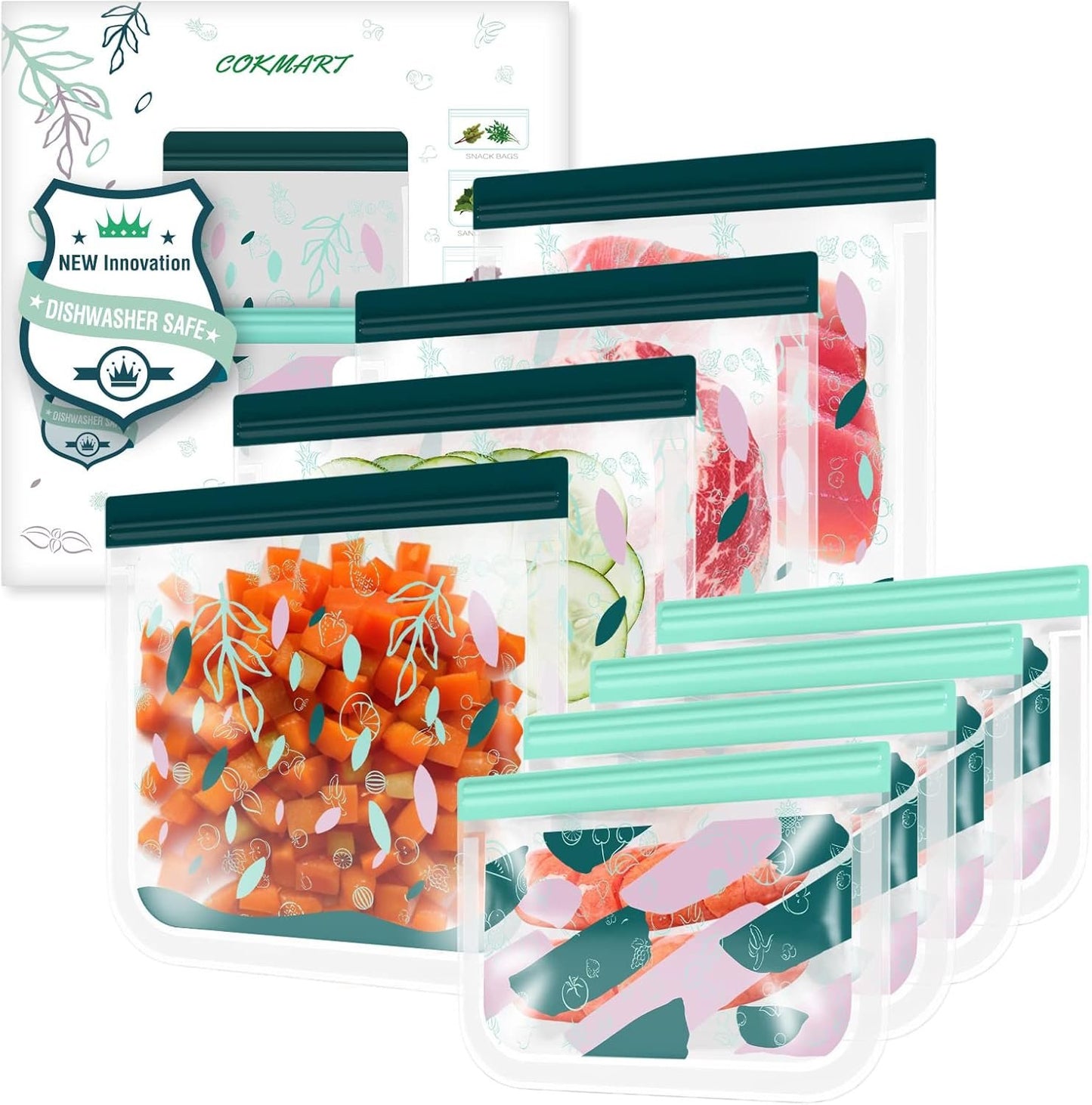 8-Pack Reusable Freezer Bags Silicone, Reusable Sandwich Bags and Reusable Snack Bags for Kids Travel/Home Organization, Reusable Food Storage Bags/BPA Free