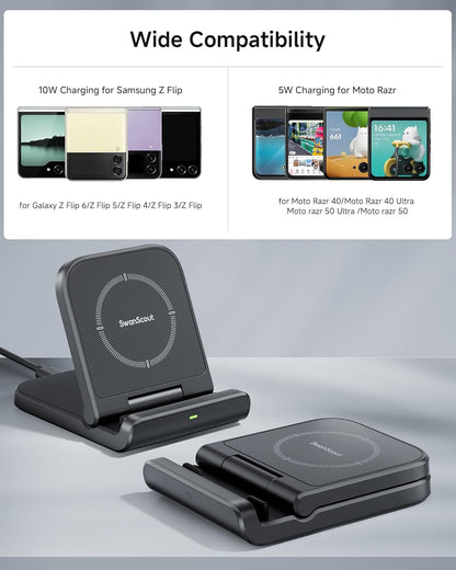 SwanScout Wireless Charger for Samsung Galaxy Z Flip 6, Foldable Phone Charging Station for Galaxy Z Flip 5/4/3, Motorola RAZR 60 Ultra/60/50/40, SwanScout 501S (No Adapter)