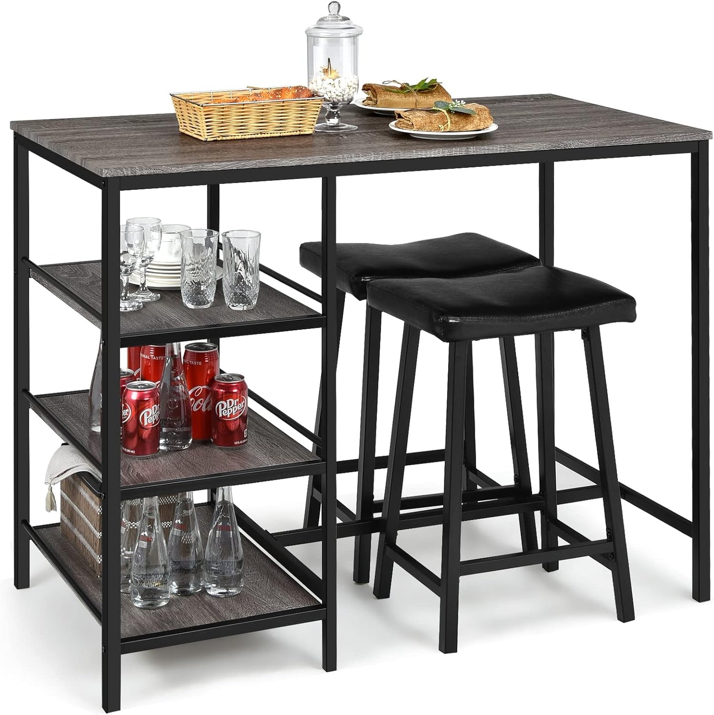 Giantex 3-Piece Dining Table Set, Counter Height Table Set w/2 Bar Stools, Modern Industrial Bar Table Set w/3 Tier Storage Shelves, Iron Frame, Soft Cushion, Perfect for Home, Kitchen, Dining Room