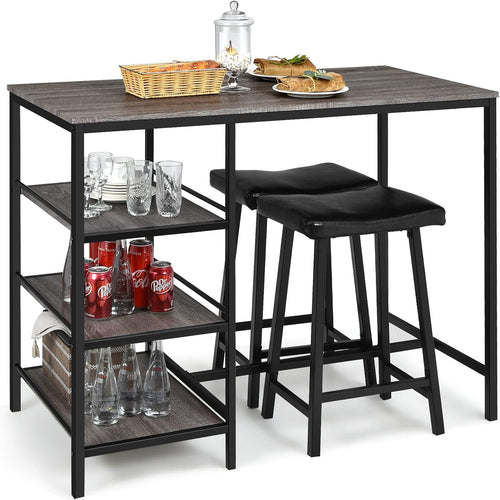 Giantex 3-Piece Dining Table Set, Counter Height Table Set w/2 Bar Stools, Modern Industrial Bar Table Set w/3 Tier Storage Shelves, Iron Frame, Soft Cushion, Perfect for Home, Kitchen, Dining Room