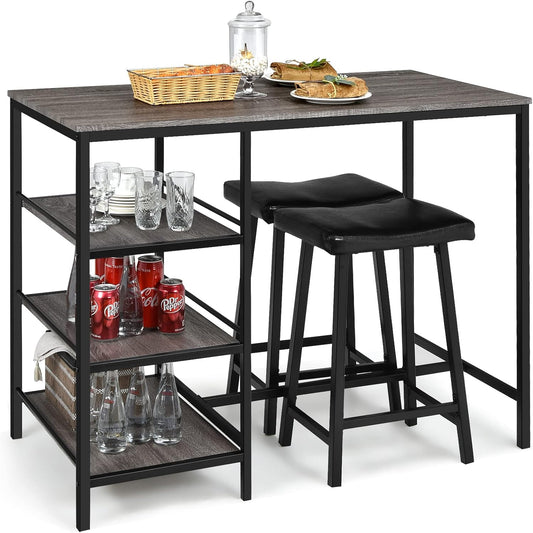 Giantex 3-Piece Dining Table Set, Counter Height Table Set w/2 Bar Stools, Modern Industrial Bar Table Set w/3 Tier Storage Shelves, Iron Frame, Soft Cushion, Perfect for Home, Kitchen, Dining Room