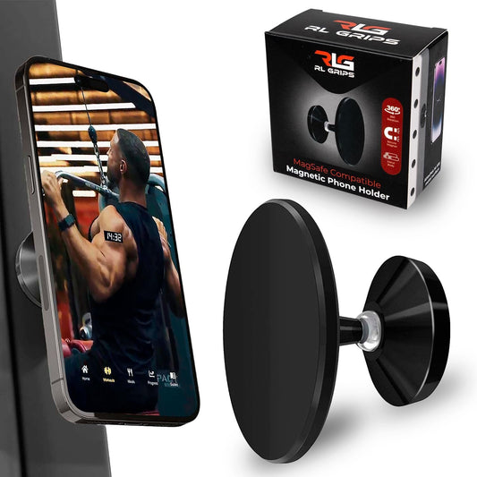 RL Grips® Magnetic Gym Mount with Dual Magnet Compatible MagSafe - Gym Magnet for iPhone with 360º Rotation with 3 Metal Stickers - Phone Holder for Cars and Macchi