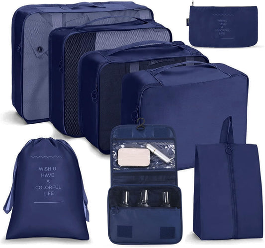 OSDUE Luggage Organizer, 8 Pieces Waterproof Packing Cube Set, Separators Pouches Travel Organizer, Clothing Underwear Footwear Organizers Sacks Storage Suitcase Set (Navy Blue)