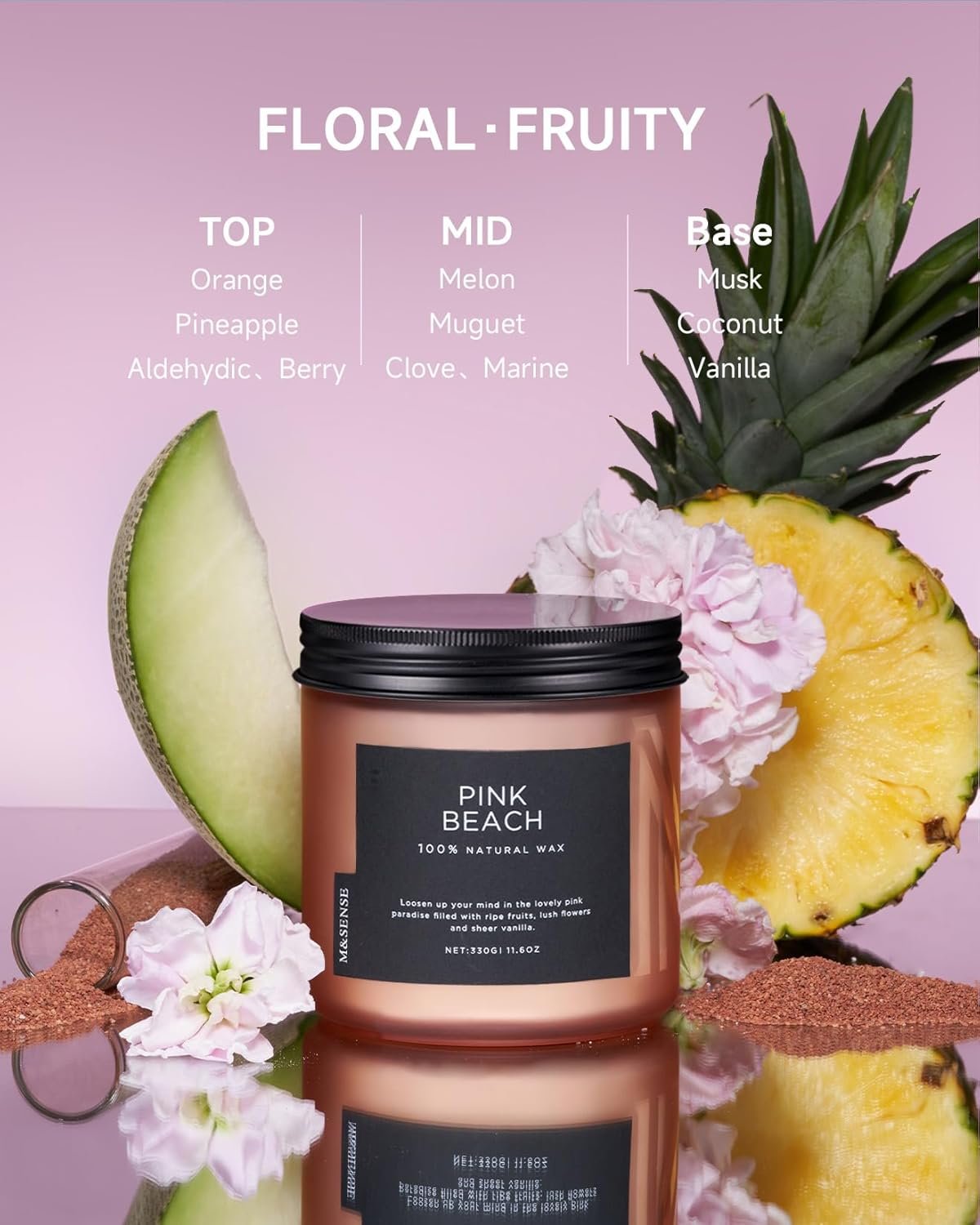 M&SENSE Pink Beach Jar Candle, 11.6oz Pineapple & Coconut Scented Natural Soy Candles for Home Scented, 70 Hour Burn Time, Home Decor Gift for Women, Friends, Family, Colleagues, Couples