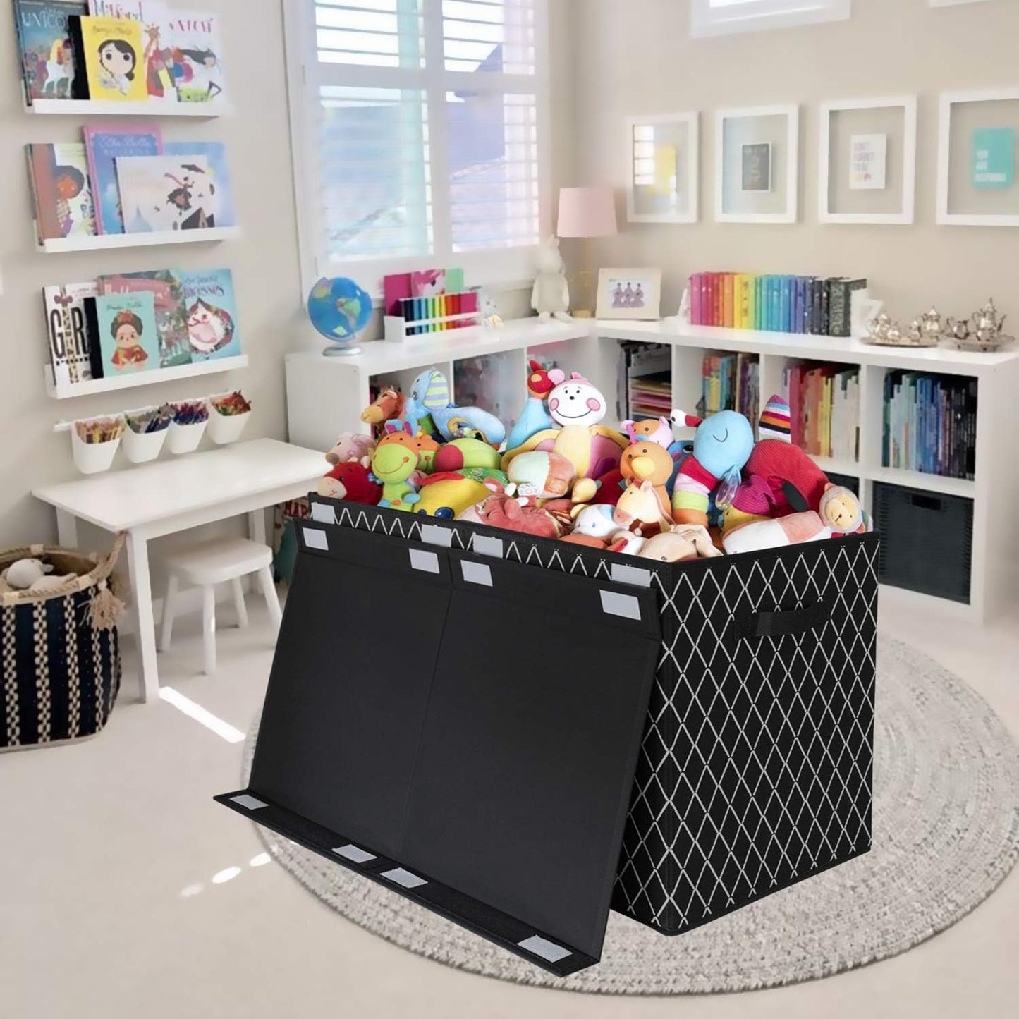 Toy Chest Box Organizer Bins for Boys Girls, Kids Large Collapsible Storage Box Container Sturdy with Fabric Flip-Top Lid & Handles for Clothes, Blanket, Nursery, Playroom, Bedroom, (Black)