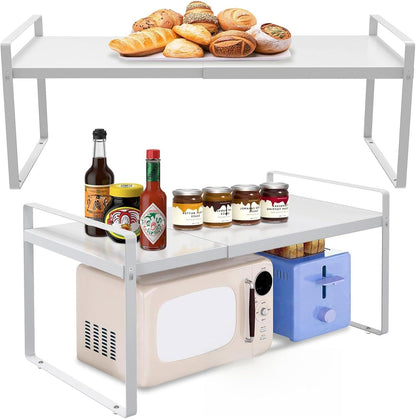 Adjustable Kitchen Shelf Organizer 11" Wide (2 Pack) Heavy-Duty Cabinet Shelves for Countertop, Pantry & Microwave, Expandable Space-Saving Storage Rack with Non-Slip Pads, White