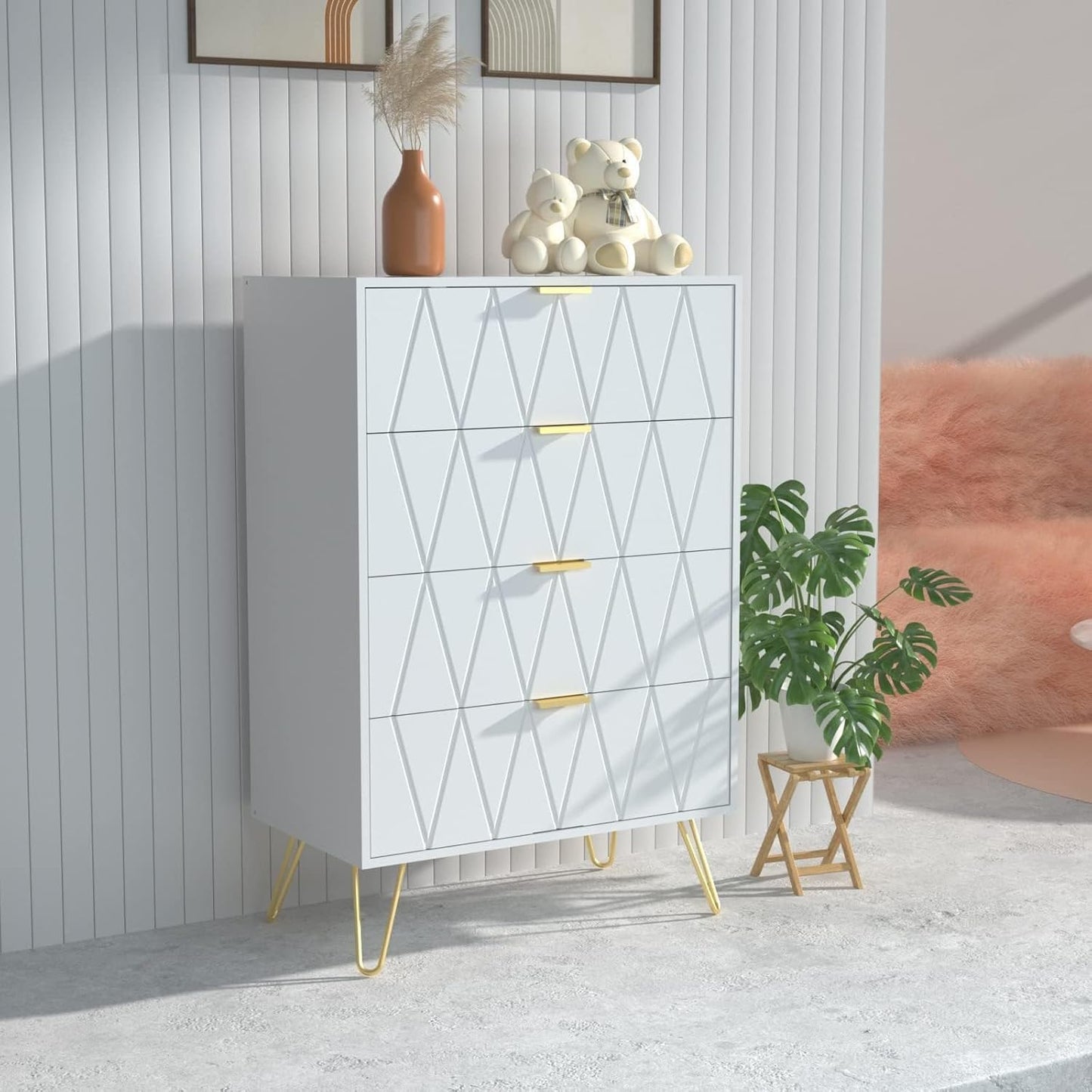 UEV 3 Piece Bedroom Furniture Set, 9 Drawer Chest of Drawers with Two Drawers with 4 Drawers, Style with Handles and Feet in Gold, Lines Pattern, Scandinavian Style (White)