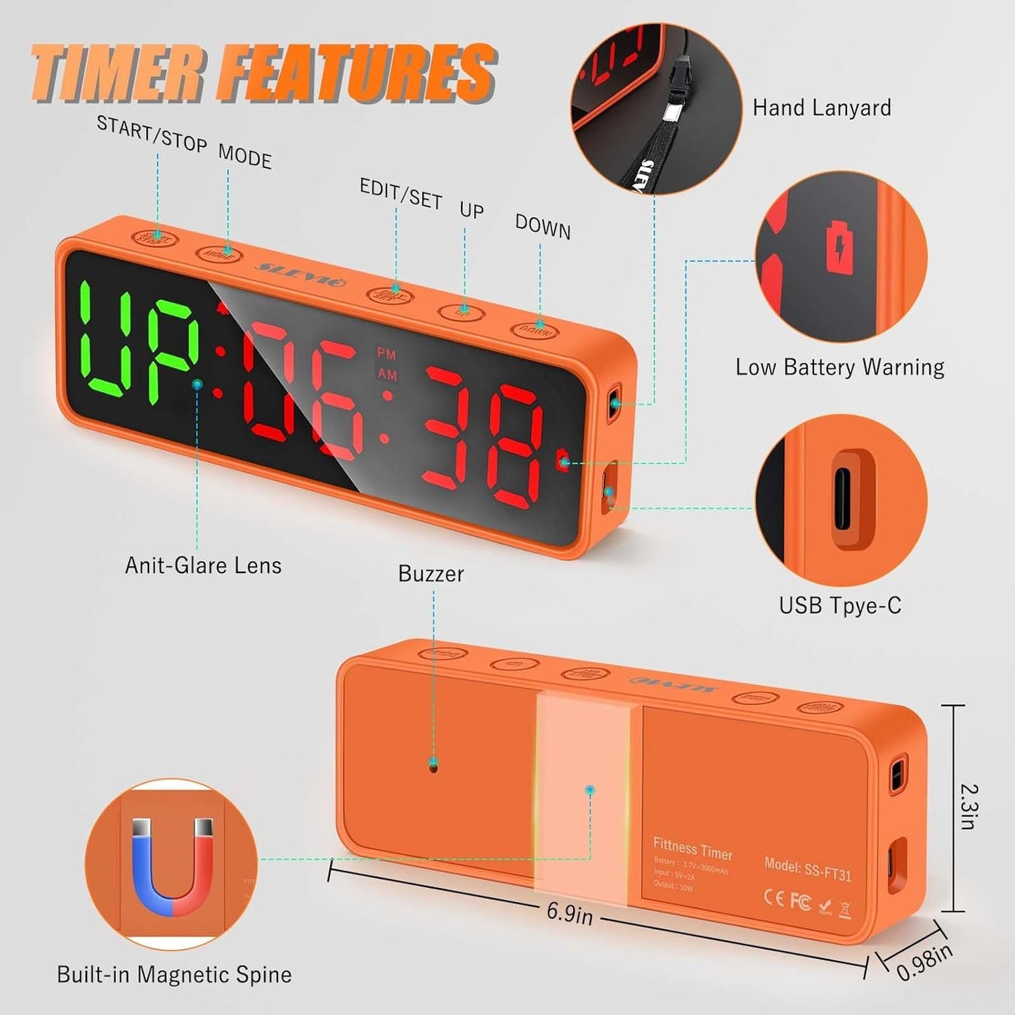 Small Gym Timer Clock, Stopwatch, Workout Interval Timer with Built-in Powerful Magnet, Large LED Digital Display, Home Accessories Countdown Clock for Home Gym Garage Schools (Black)