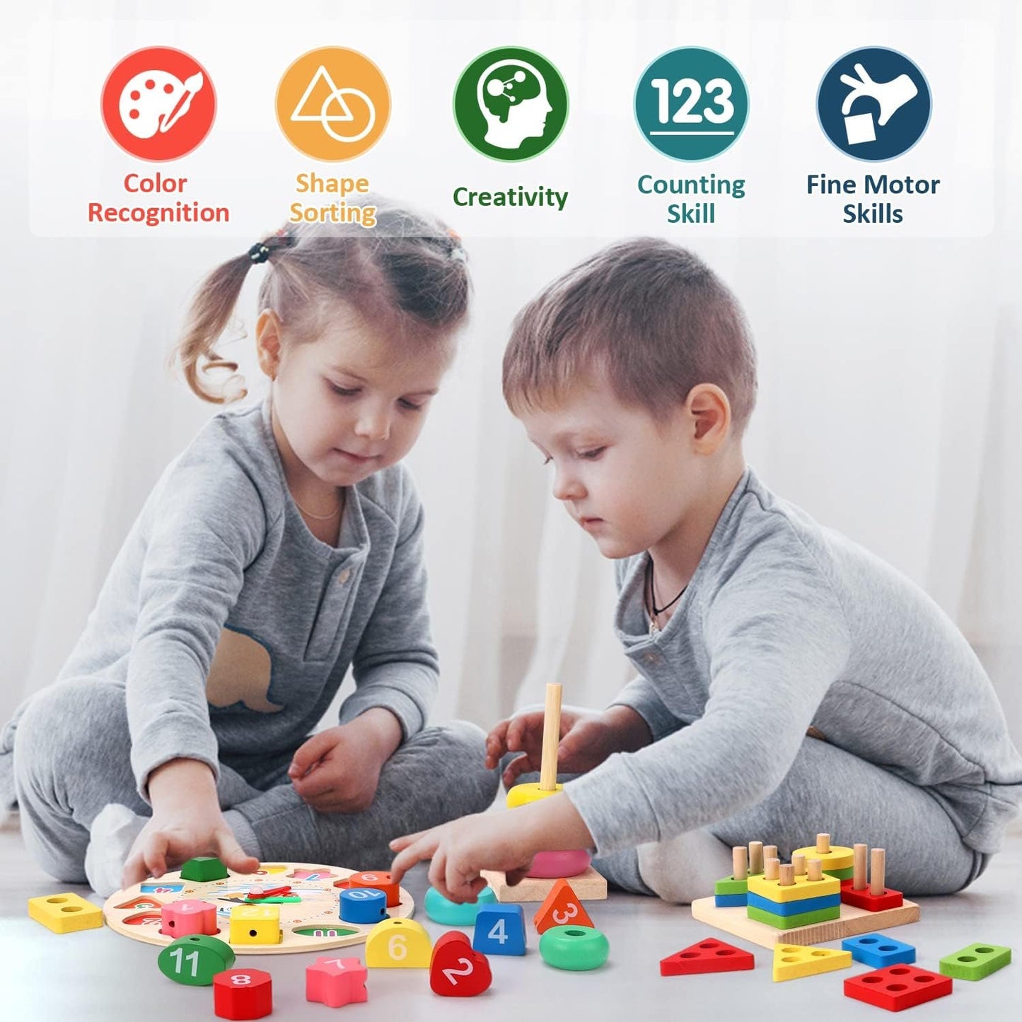 Qizebaby Toddlers Montessori Wooden Toys for Boys Girls Age 2 3 4 Year Old,Baby Toy Learning Musical Setsï¼ŒShape Sorting Toys Gifts for Kids 2-4, Wooden Preschool Learning Fine Motor Skills Game