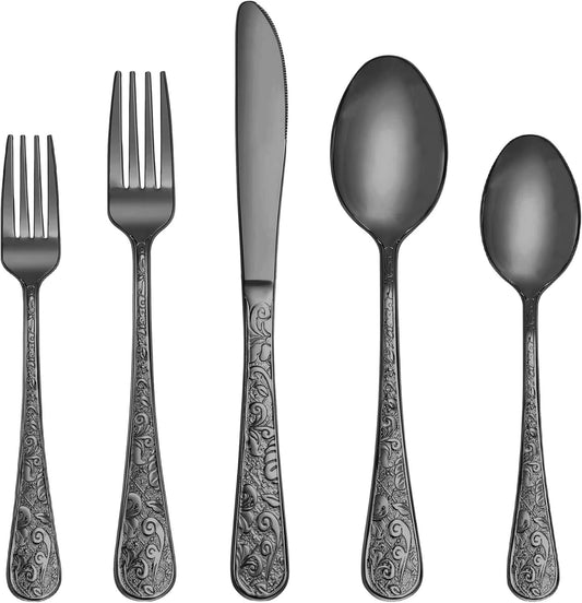SHEUMNT 20-Piece Black Vintage Carved Silverware Set for 4, Stainless Steel Flatware Set with Knife/Fork/Spoon, Cutlery Set for Home and Kitchen, Utensil Set with Dishwasher Safe