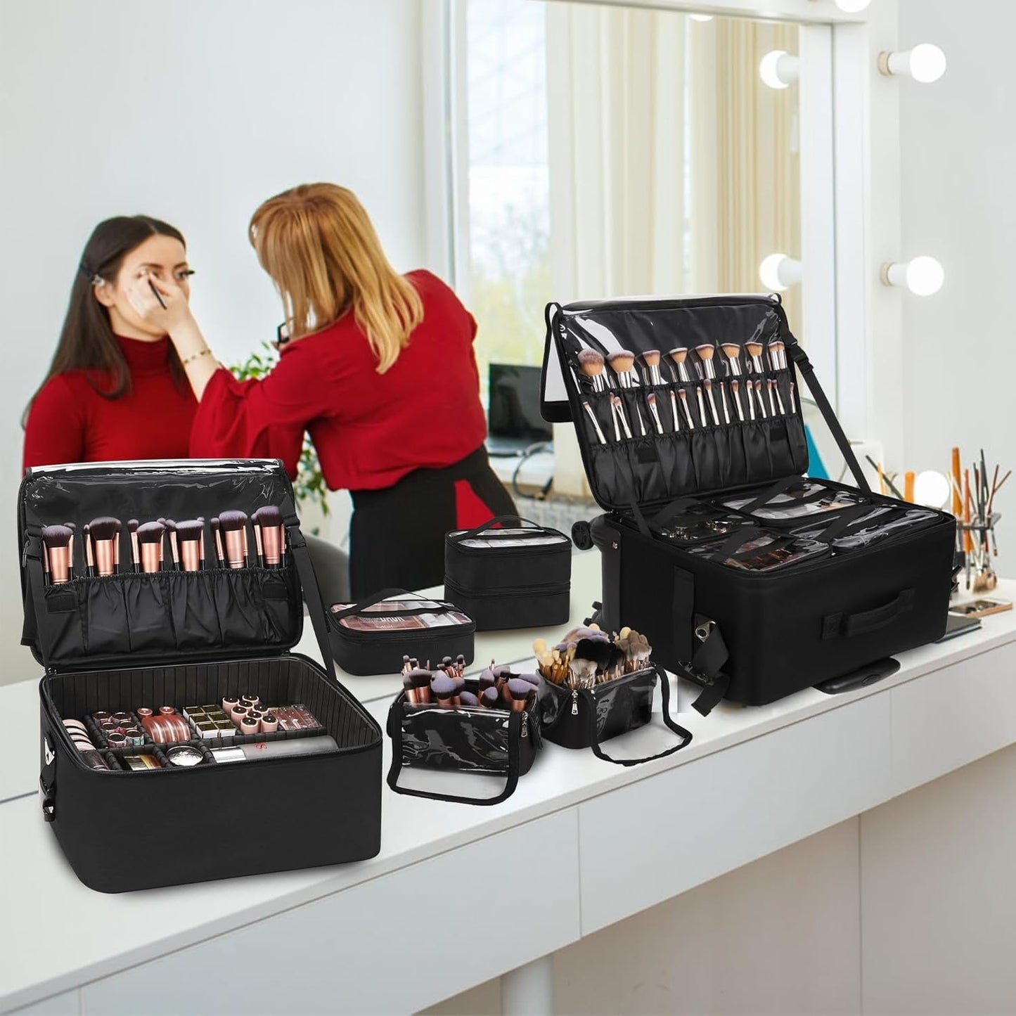 Rolling Makeup Case Professional Makeup Bag Makeup Artist Bags 4 in 1 Cosmetics Rolling Organizer Extra Large Trolley Makeup Travel Case with 360° Swivel Wheels and Adjustable Dividers