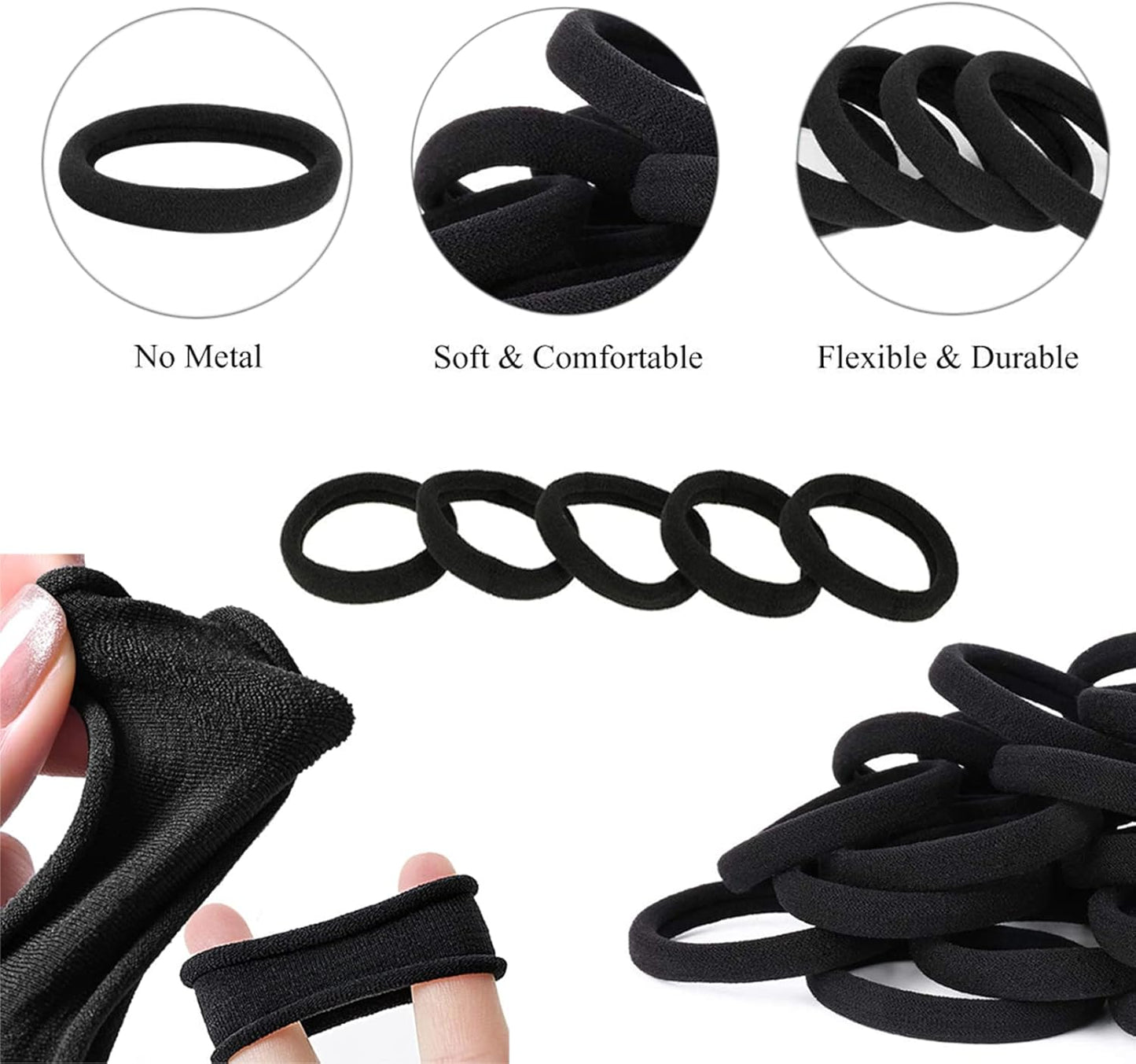 ILamourCar 50 Pieces Women's Hair Elastics, Black Cotton Hair Bands, No-Metal Hair Bands Perfectly Suitable for Women and Girls