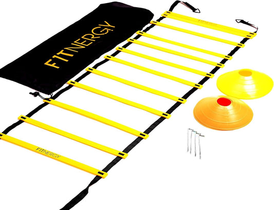 F1TNERGY Agility Ladder - Essential Football Accessories for Enhanced Footwork - Premium Soccer Training Equipment for All Skill Levels, 2 Rung Adjustable with Carrying Bag 10 Speed Cones