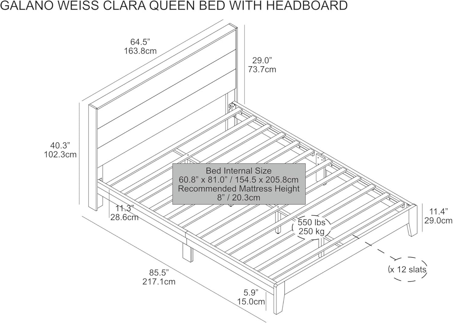 Galano Weiss Clara Queen Bed Frame with Headboard – Amber Walnut Bed Frame Queen Size, Bedframe Queen Size, Base de Lit Queen, Also Fits Double, Full, Mattress Foundation, 64.49"L x 85.47"W x 40.28"H