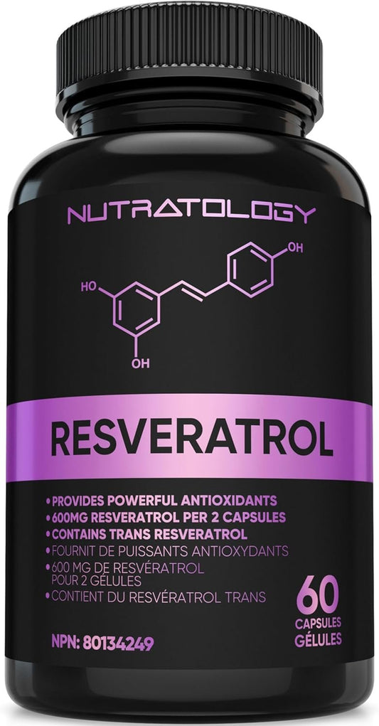 Nutratology Resveratrol Supplement - 600MG Per 2 Capsules - Antioxidant Supplement - Anti Aging Trans Resveratrol - Increases Cardiovascular Health, Cell Regeneration+Hair Growth - 60 Caps