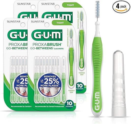 GUM Proxabrush Go-Betweens - Tight - Interdental Brushes - Soft Bristled Dental Picks for Plaque Removal Health - Safe for Braces & Dental Devices, 10 Count (Pack of 4)