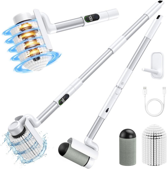 LyriFine Electric Spin Scrubber, 2025 New Shower Scrubber, Bathroom Cleaner with 2 Speed & Long Handle, Pet Felt Brush Replacement, Cleaning Brush for Bathroom Tub Tile Floor Carpet