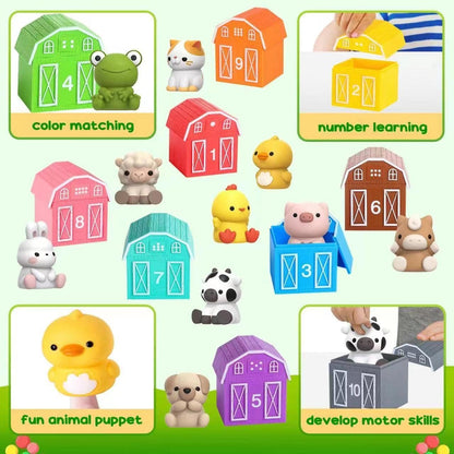 Learning Toy for Toddlers 1 2 3 Year Old, 10 Farm Animal Toys & 10 Barns, Counting, Matching & Sorting Montessori Educational Sensory Toys, Christmas Birthday Baby Boy Girl 1-3