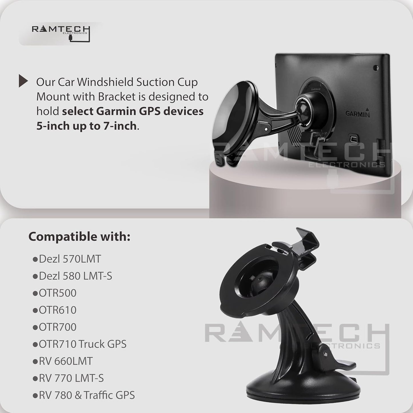 Ramtech Car Windshield Suction Mount Holder for Garmin Dezl 570 570LMT 580 LMT-S GPS - SCR