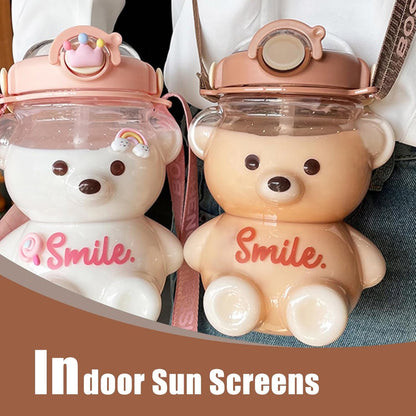 Kawaii Water Bottle with Straw and Strap, 1L Cute Bear Water Bottles Portable Leakproof BPA-Free Plastic Drinking Cups for Kids Girls Women Sports Camping Picnic Hiking Travel