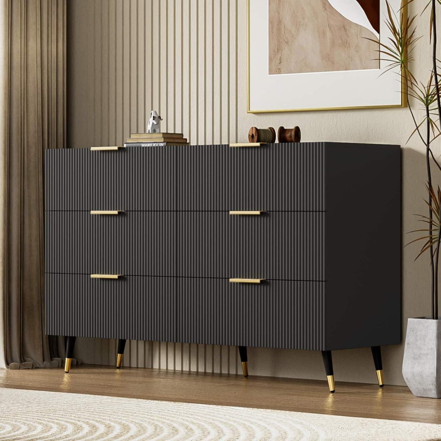 KOMHTOM Black Bedroom Chest of Drawers Multi-Purpose Cabinet Modern Entrance Cabinet with Gold Legs and Handles Bedroom Furniture