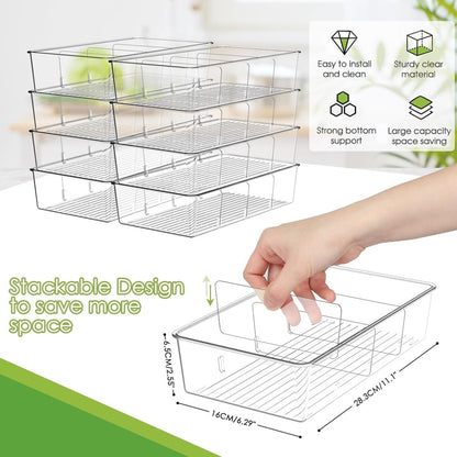 6 Pack Food Storage Organizer Bins Clear Plastic Removable Snack Organizer Pantry Organization Storage Racks with 3 Dividers, Kitchen, Cabinets Snacks, Packets, Spices, Pouches Stackable Bins