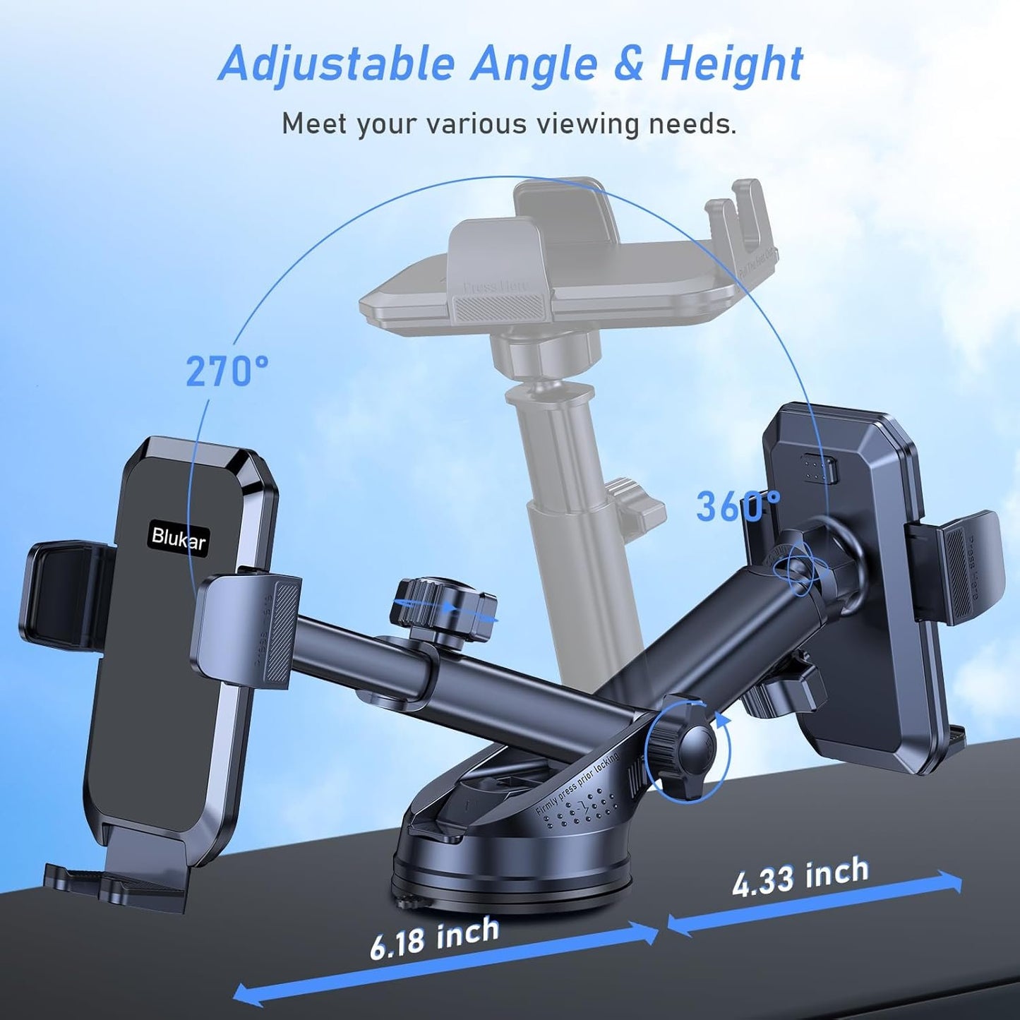 Blukar Phone Holder Car, [Upgraded Strong Suction] Adjustable Car Phone Holders Mount for Car Dashboard/Windscreen, 360°Rotation, One Button Release, Automobile Cradle for iPhone Android Smartphones