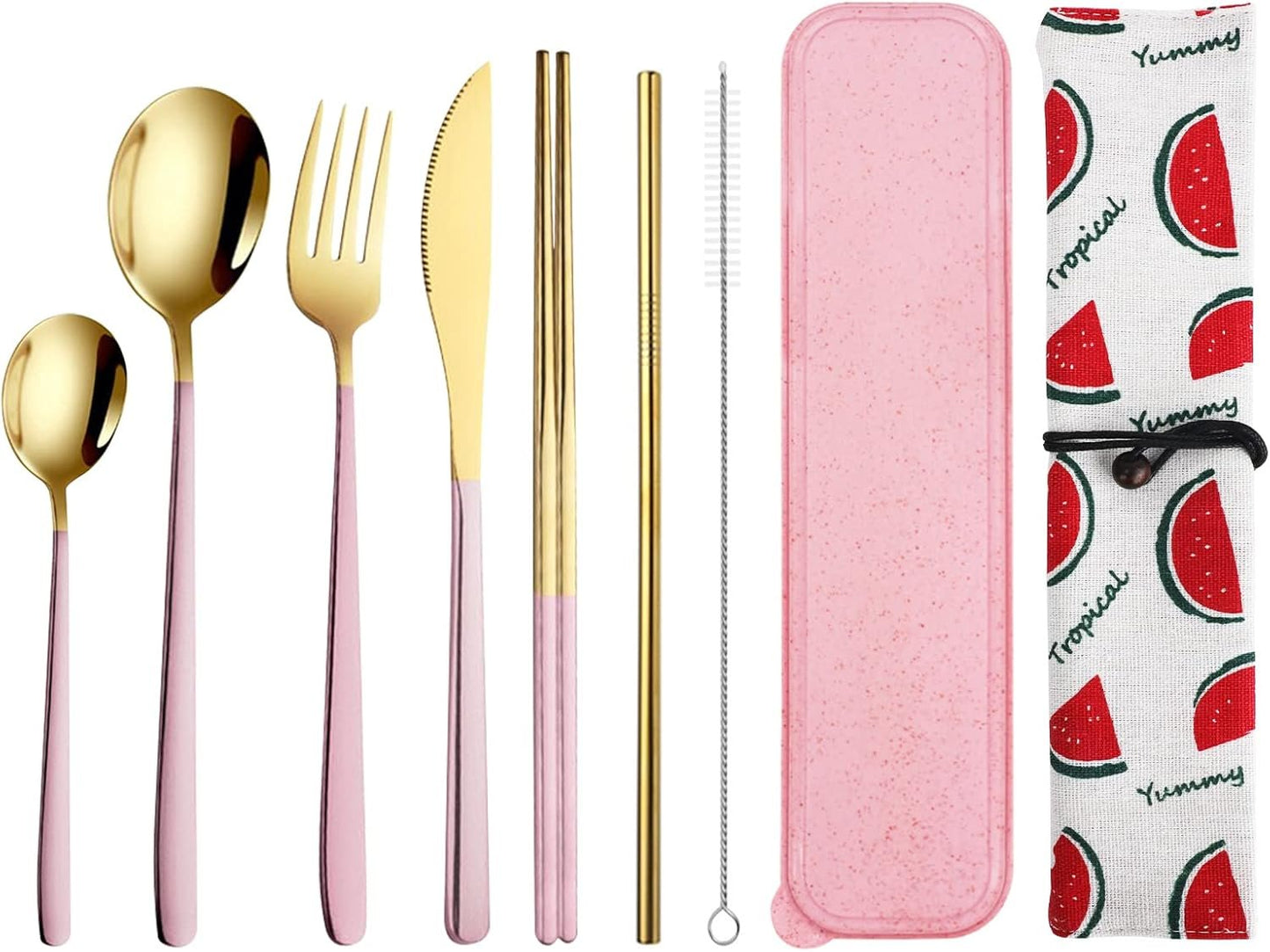 QLFJ-FurDec 9 Pcs Portable Travel Utensils Set, Stainless Steel Reusable Flatware Set, Cutlery Set with Knife Fork Spoon Chopsticks Cleaning Brush Straws Case Set for Camping, Picnic, Office, School(Pink-Gold)