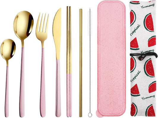 QLFJ-FurDec 9 Pcs Portable Travel Utensils Set, Stainless Steel Reusable Flatware Set, Cutlery Set with Knife Fork Spoon Chopsticks Cleaning Brush Straws Case Set for Camping, Picnic, Office, School(Pink-Gold)