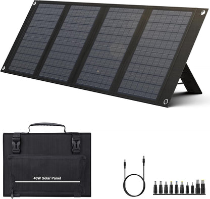 40 Watt Portable Solar Panel for 100W~200W Portable Power Station, Foldable Solar Charger with 12-15V DC Output (11 Connectors) and Adjustable Kickstand,USB QC3.0 Port for Camping Hiking Van RV Trip