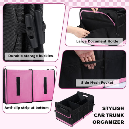 Car Trunk Organizer, 72L Large Capacity Waterproof Auto Storage Organizer with Non-Slip Bottom Strips, Collapsible Cargo Organizer for Suv, Truck, Sedan, Portable Car Accessories for Women Men(Pink)