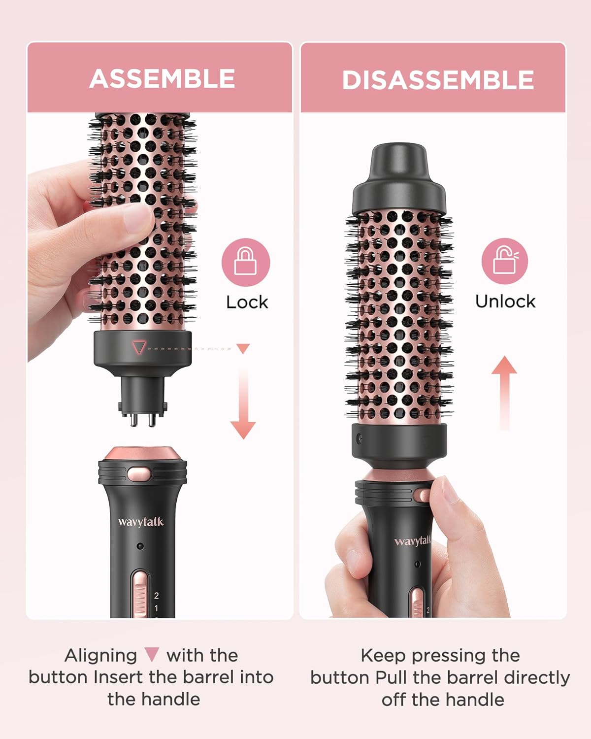 Wavytalk Thermal Brush, 1 1/2 inch Heated Round Brush with Detachable Head, Velvet Pouch and Dual Voltage for Travel, Easy to Create Blowout Look, Rose Gold