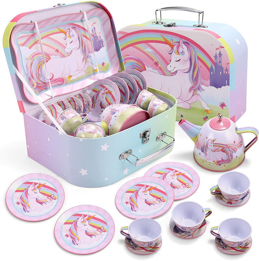 JOYIN Unicorn Castle Pretend Tin Teapot Set for Tea Party and Kids Kitchen Pretend Play