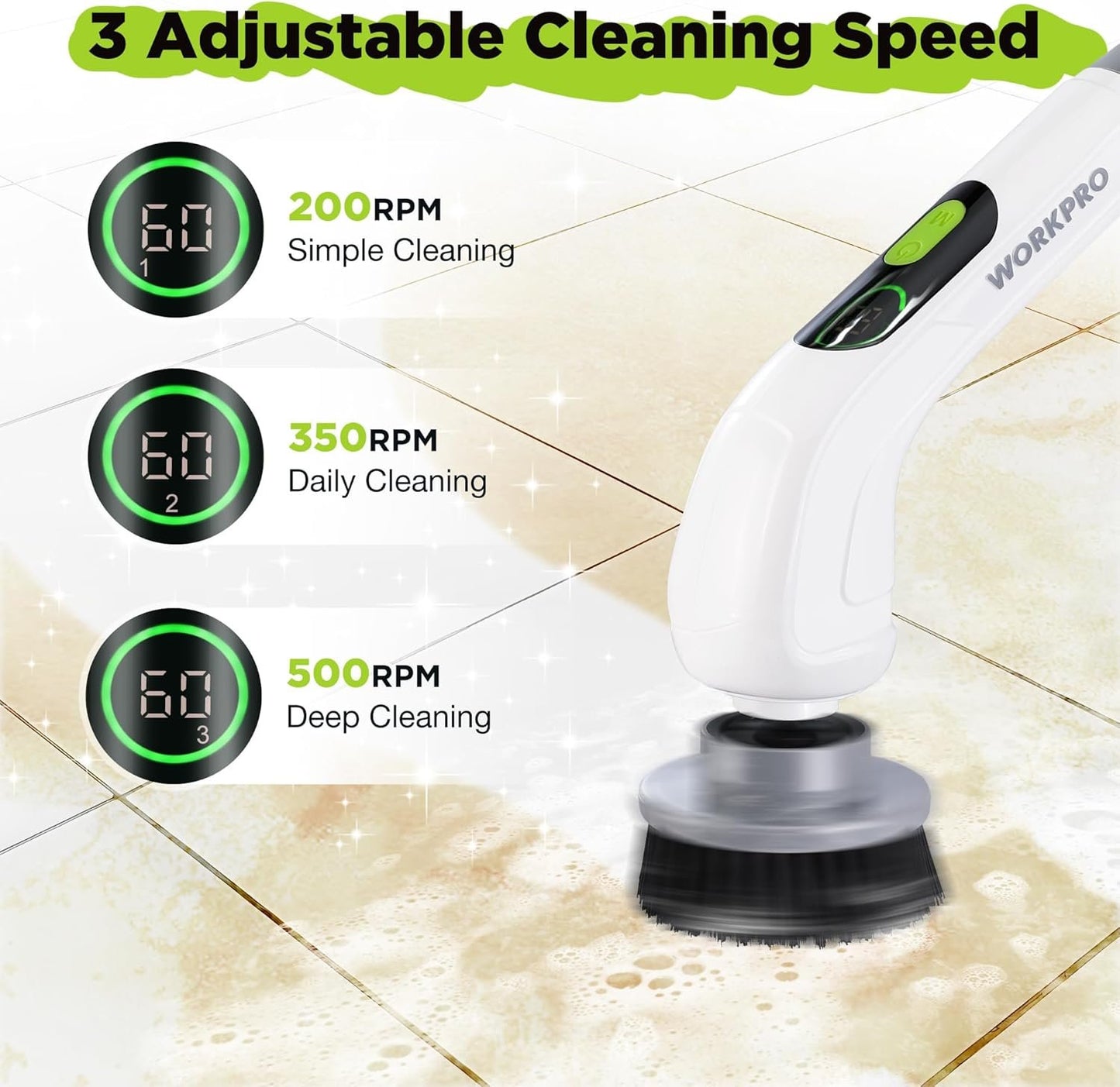 WORKPRO Electric Spin Scrubber, Cordless Cleaning Brush, 3-Speed, Long Adjustable Handle & 8 Replaceable Brush Heads, Waterproof Scrubber for Bathroom, Kitchen, Bathtub, and Floor, for Women