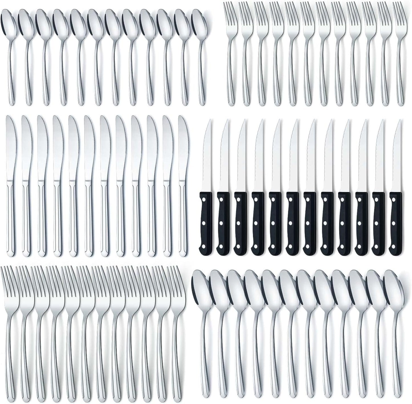 BEWOS 72 Pieces Cutlery Set for 12, Silverware Sets with Steak Knives, Stainless Steel Cutlery, Mirror Polished Flatware Set, Knife, Spoon and Fork Set, Silverware, Dishwasher Safe Utensil Set