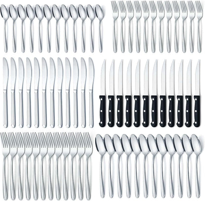 BEWOS 72 Pieces Cutlery Set for 12, Silverware Sets with Steak Knives, Stainless Steel Cutlery, Mirror Polished Flatware Set, Knife, Spoon and Fork Set, Silverware, Dishwasher Safe Utensil Set