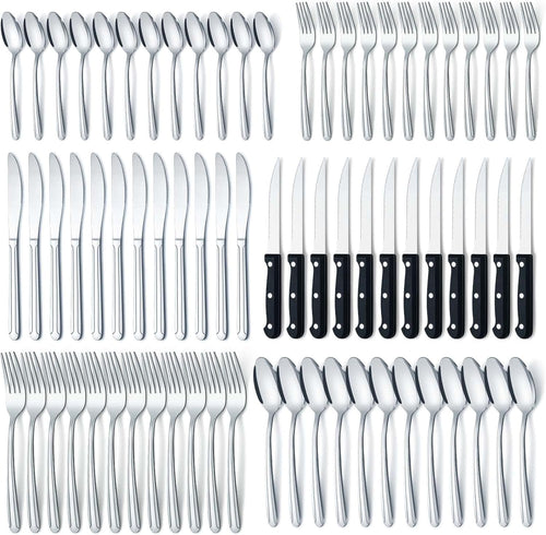 BEWOS 72 Pieces Cutlery Set for 12, Silverware Sets with Steak Knives, Stainless Steel Cutlery, Mirror Polished Flatware Set, Knife, Spoon and Fork Set, Silverware, Dishwasher Safe Utensil Set