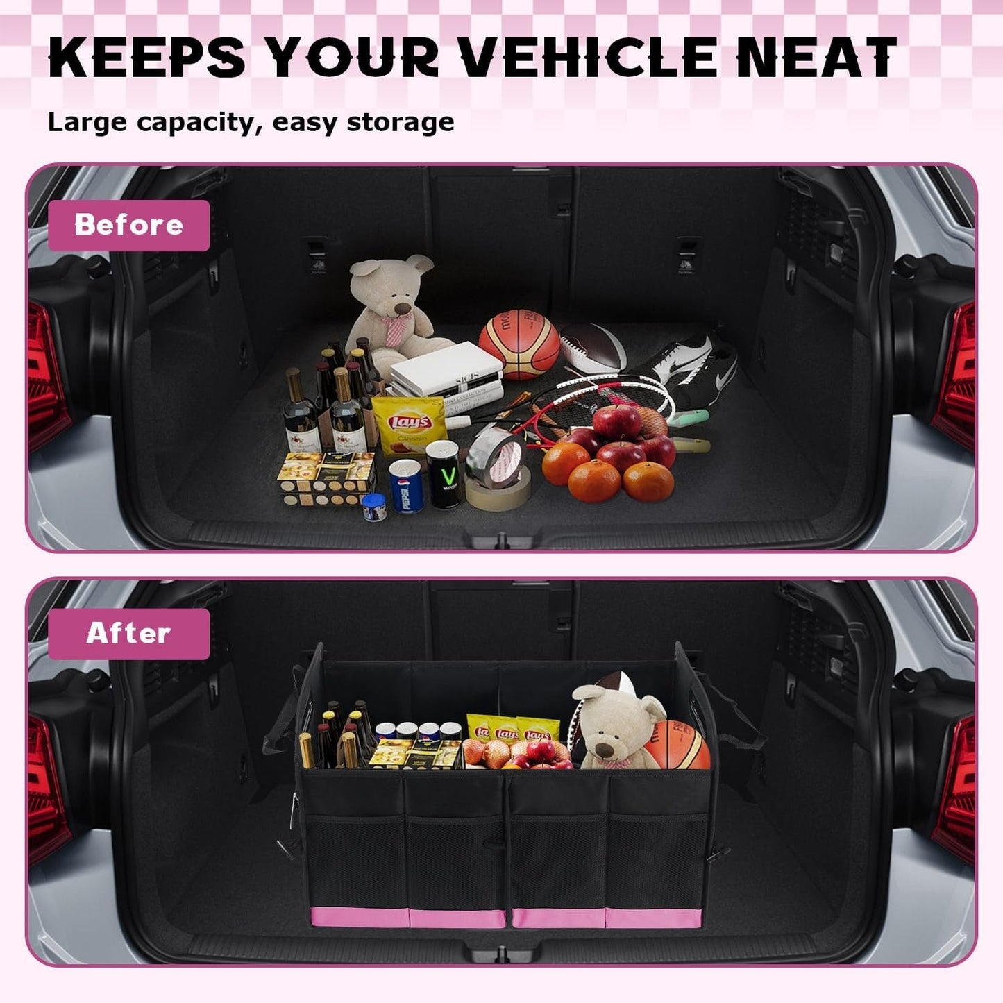 Car Trunk Organizer, 72L Large Capacity Waterproof Auto Storage Organizer with Non-Slip Bottom Strips, Collapsible Cargo Organizer for Suv, Truck, Sedan, Portable Car Accessories for Women Men(Pink)