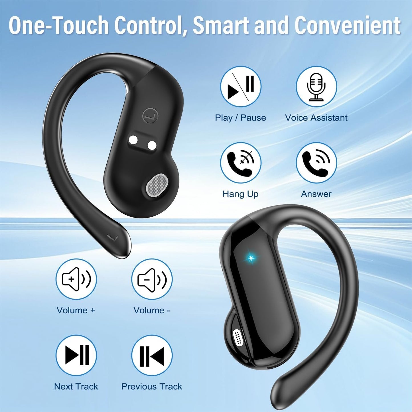Open Ear Headphones, Bluetooth 5.4 Wireless Earbuds with HD Clear Calls, 32Hrs Immersive Stereo Air Conduction Earphones with Earhooks, LED Display, IPX7 Lightweight Open Ear Buds for Sports/Working