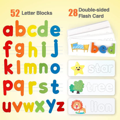 Coogam See Spelling Learning Toy Wooden ABC Alphabet Flash Cards Matching Shape Letter Games Montessori Preschool STEM Educational Toys for Toddler Kids Baby