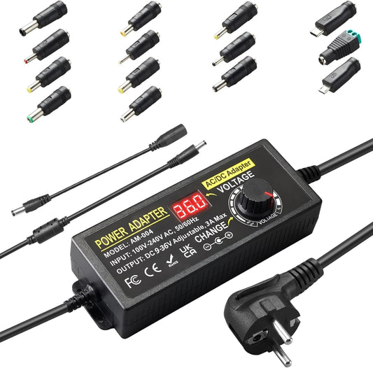 3A 108W Adjustable Power Supply, 9V-36V Universal Adjustable 100V-240V AC to DC Power Adapter with 14 Tips and Polarity Cable for Home Electronics, LED Strips