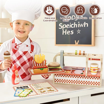 Lehoo Castle Play Food, Pretend Play Toys, 3 Year Old Girl Gifts, Wooden Play Kitchen for Kids Includes Hamburger Shop, Sandwiches, Hot Dogs, Menu Role Play Toys