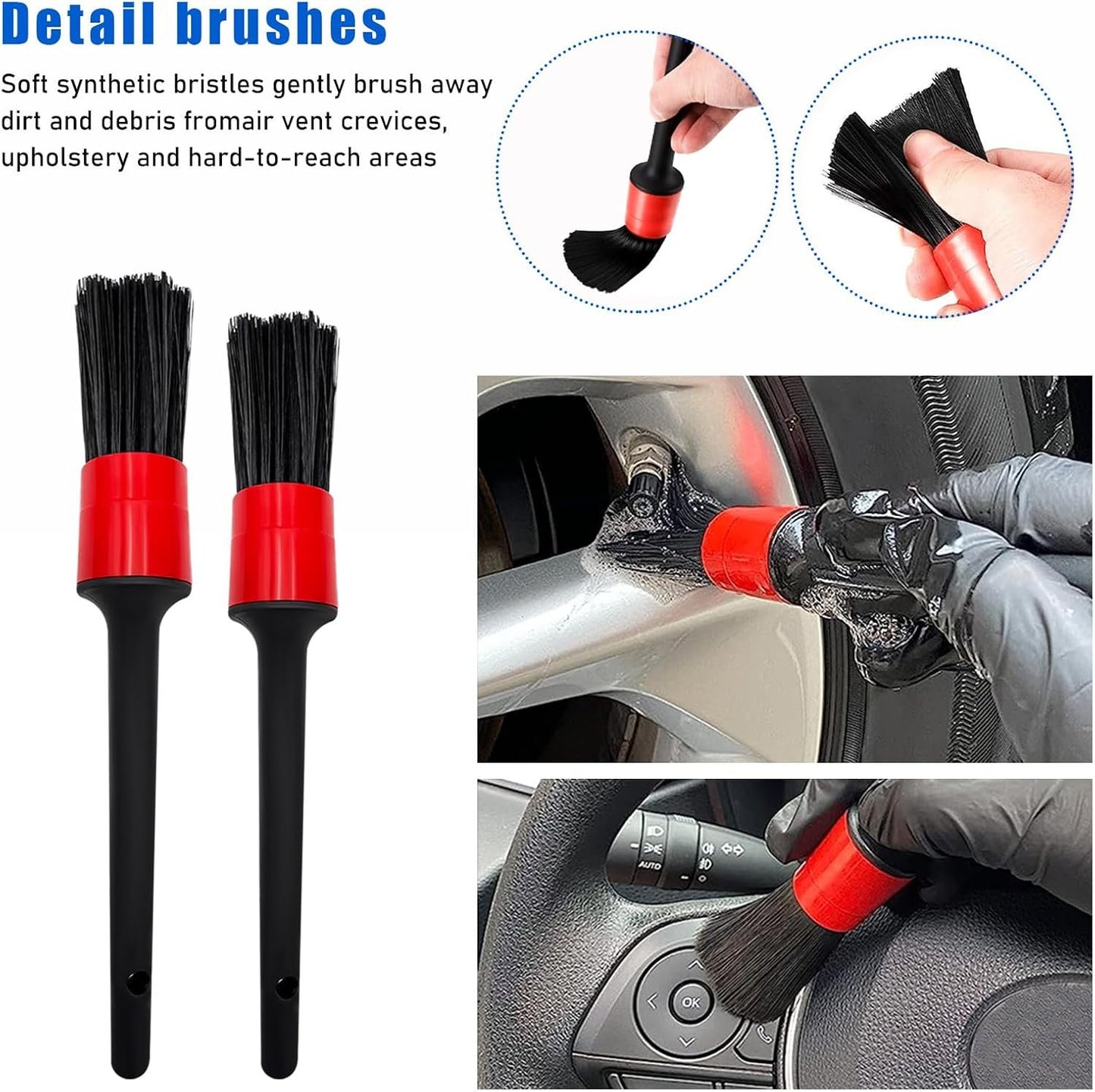 9 PCS Auto Car Detailing Brush Set, Auto Cleaning Brush Set Includes Detailing Brush, Wire Brush & Air Vent Brush, Vehicle Wash Kit for Interior & Exterior, Universal Car Accessories (Red)