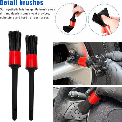 9 PCS Auto Car Detailing Brush Set, Auto Cleaning Brush Set Includes Detailing Brush, Wire Brush & Air Vent Brush, Vehicle Wash Kit for Interior & Exterior, Universal Car Accessories (Red)