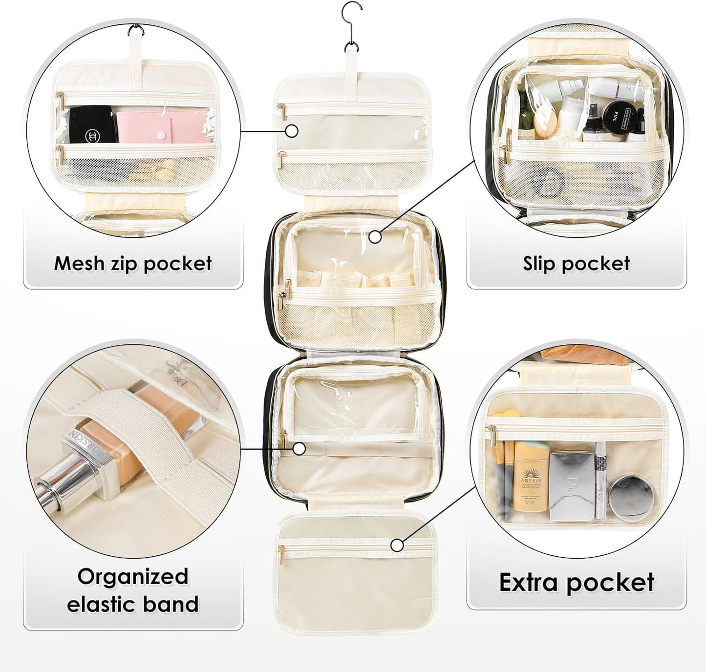 MDODO Hanging Travel Toiletry Bag for Women Traveling with Leakproof Compartment,Transparent Makeup Organizer Cosmetic Make up Bag for Full Sized Travel Accessories Essentials Must Have (Black)