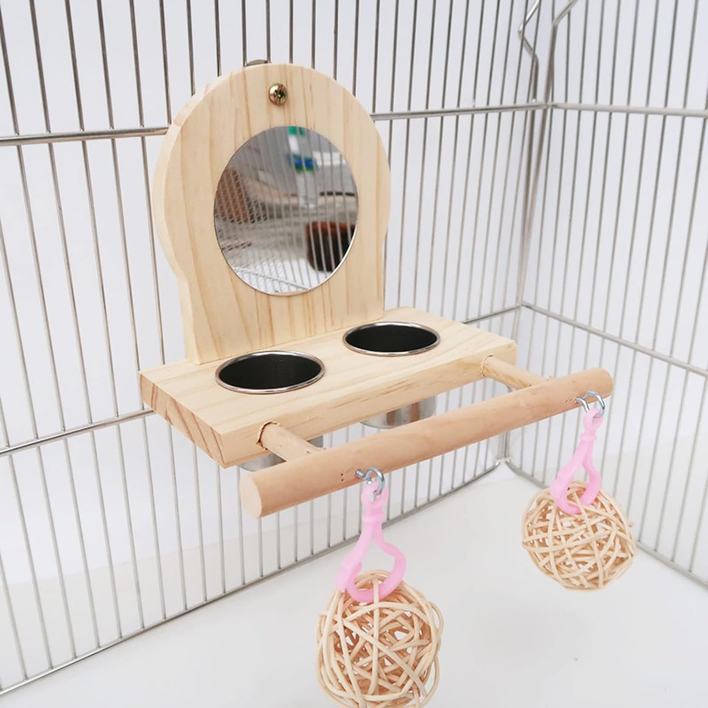 Joyeee Bird Mirror for Cage, 2 Pcs Stainless Steel Bird Feeding & Watering Supplies, Bird Perch and Bird Training Toys Small Rattan Balls for Budgies, Parakeets, Lovebirds and Finch Canaries Cage