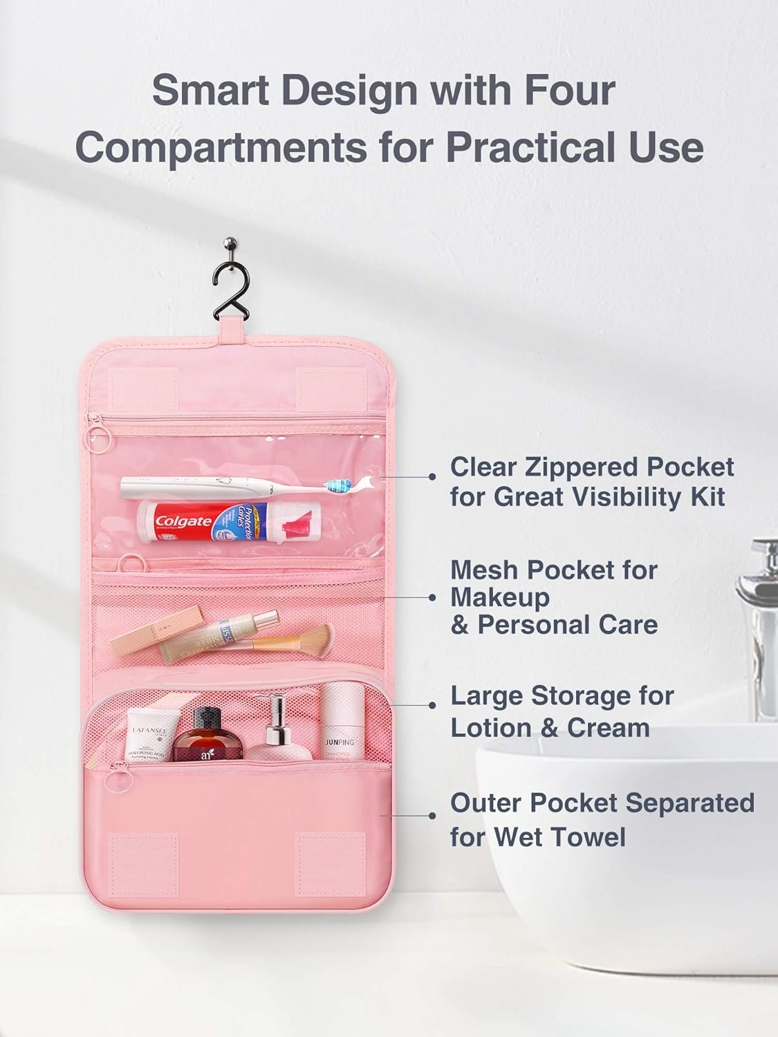 Luxtude Travel Toiletry Bag with Hanging Hook, Makeup Cosmetic Bag Travel Organizer for Hygiene Accessories, Shampoo, Full Sized Container, Toiletries, 4 Refillable Travel Bottles are included (Pink)